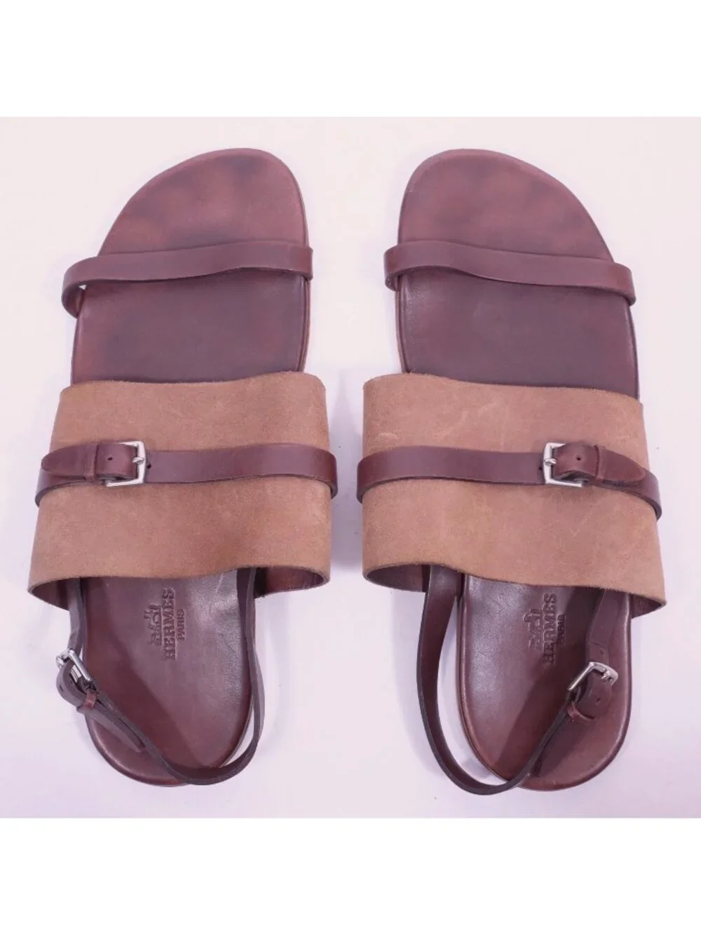 HERMES Tao sandals slides 43 US 10 leather brown silver buckles